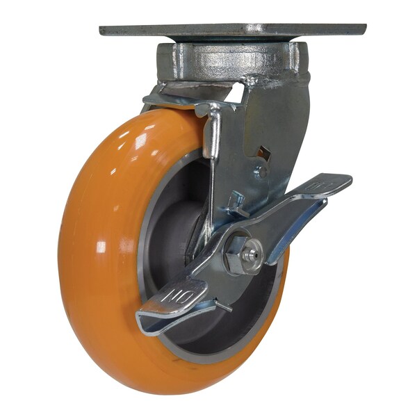 Orange Premium Heavy Duty Swivel With Brake Polyurethane 6 x 2 Caster